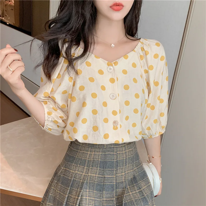 Dot Print Womens Tops En Blouses Zomer Geel Groen Blusas Casual Losse Shirt Bohemen 2020 Chemisier Femme Knop Blouse Mujer