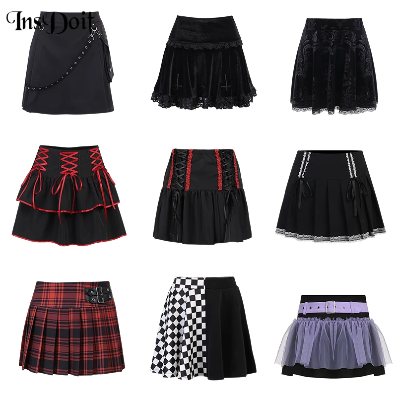 

InsDoit Gothic Y2K Sexy Skirt Women Velvet Black Streetwear Harajuku Vintage Lace Skirts Punk Grunge Aesthetic High Waist Skirt