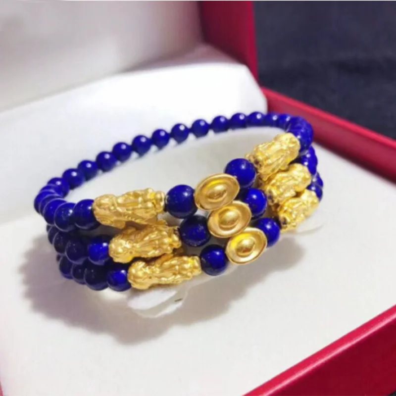 

Real 24K Yellow Gold Bracelet For Women Femal 3D Hard Gold Pixiu Ingots Gold Beads 3mm with 6mm Lapis Lazuli Beads Bracelet