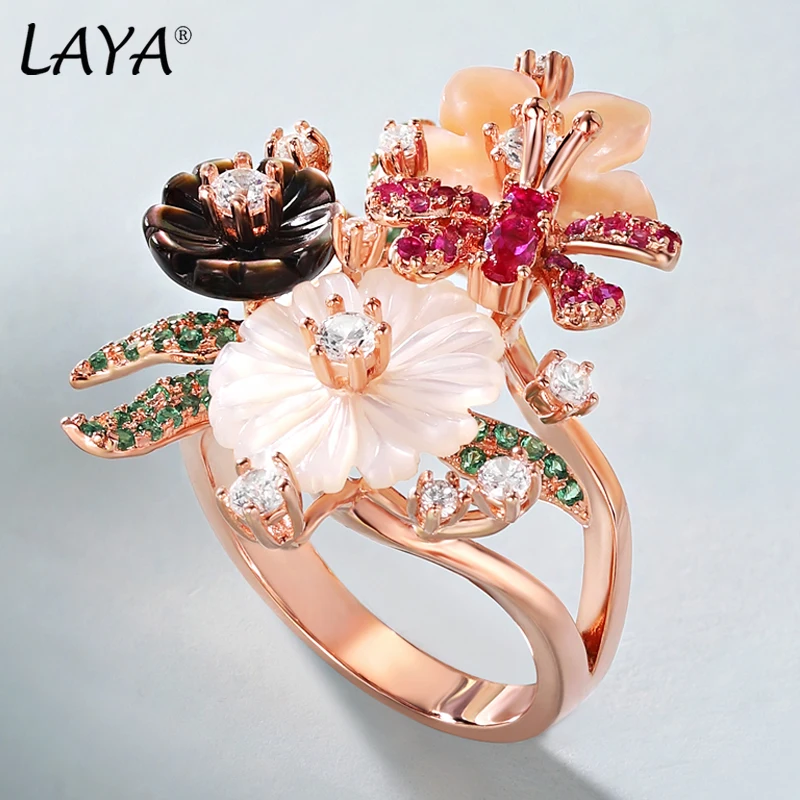 Laya Ring For Women Mood Ring Red Green White Zircon Natural Shell Flower 925 Sterling Silver anillos Fashion Jewelry