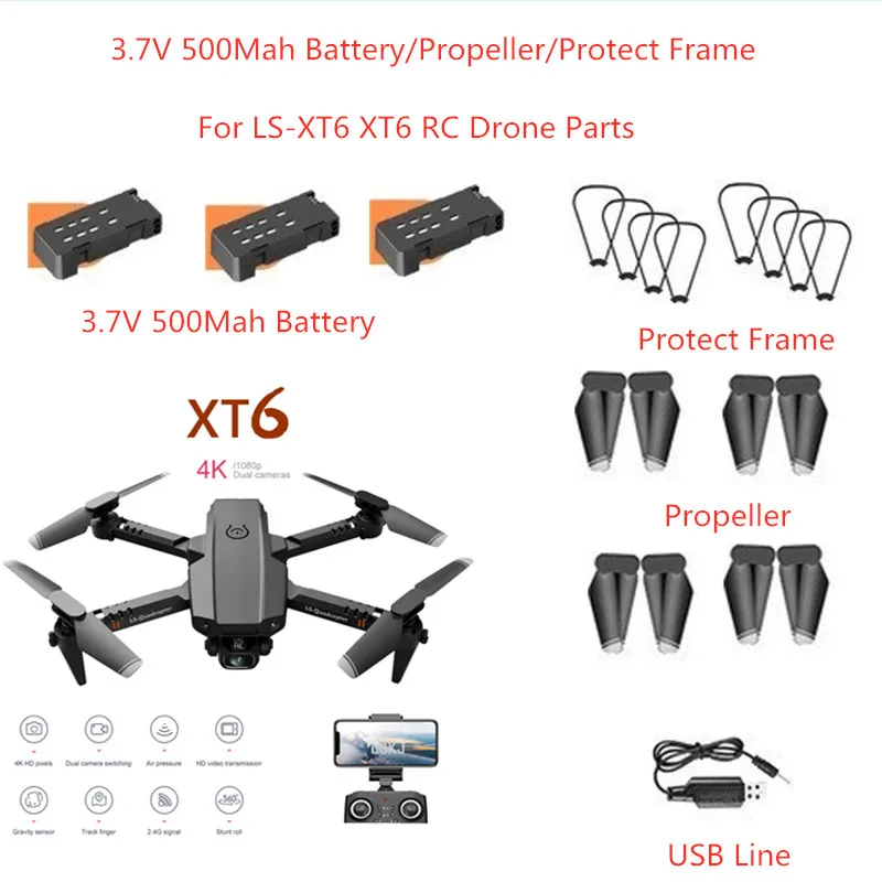 3.7V 500MAH Recharge Battery Baldes Propeller USB Line For LS-XT6 XT6 Drone XT6 Main Blades XT-6 XT RC Drone Accessories Battery