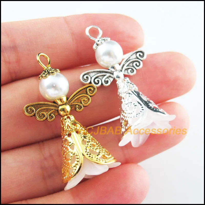 8Pcs Retro Gold Tibetan Silver Tone White Acrylic Angel Charms Pendants 22x37mm