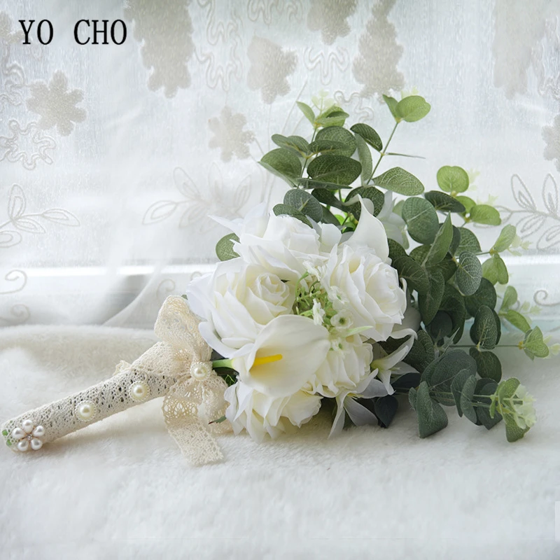 YO CHO Artificial Flore Wedding Bridal Bouquets Holder Fake Silk Roses Flower Bridal Bouquets Silk Lavender Roses Peonies Bundle