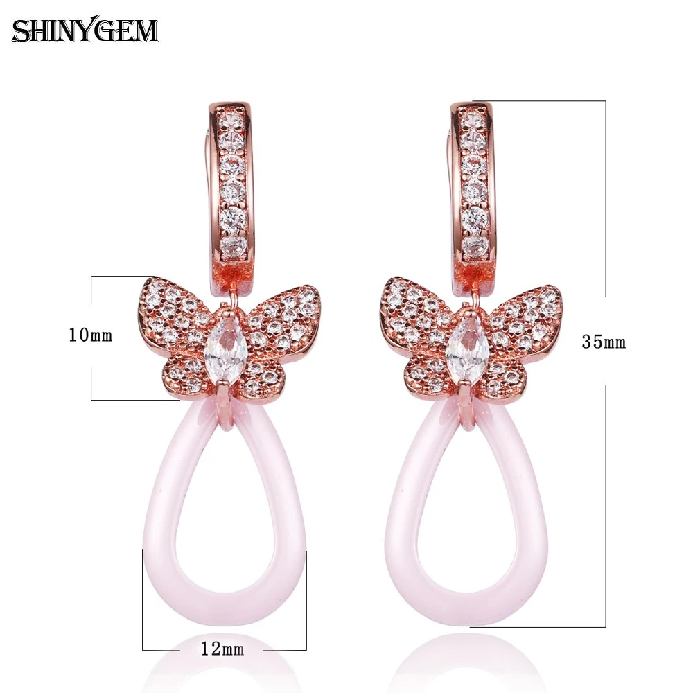 Fashion Pink Pottery Jewellery Delicate Lovely Butterfly Gold Plated Micro Inlay Zircon Crystal Ceramics Drop Earrings For Women