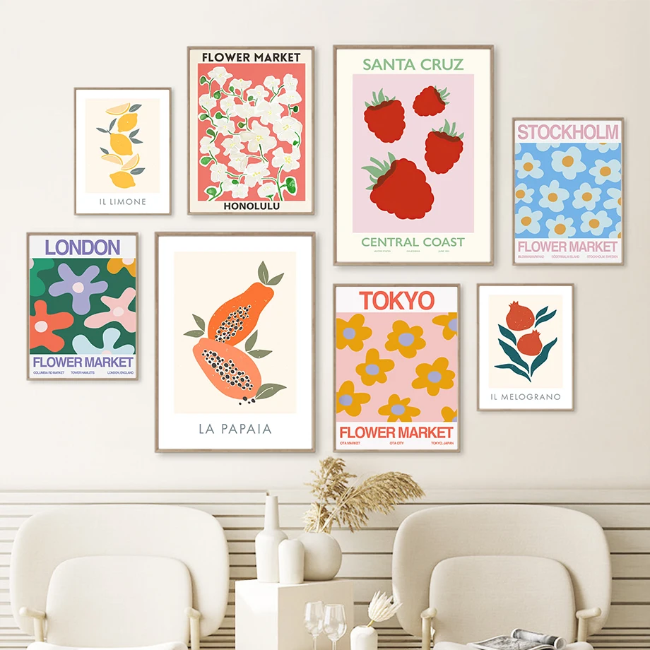 Strawberry Lemon Fruit Flower Market Leaf Wall Art Canvas Painting Nordic Posters And Prints Pictures For Living Room Home Decor