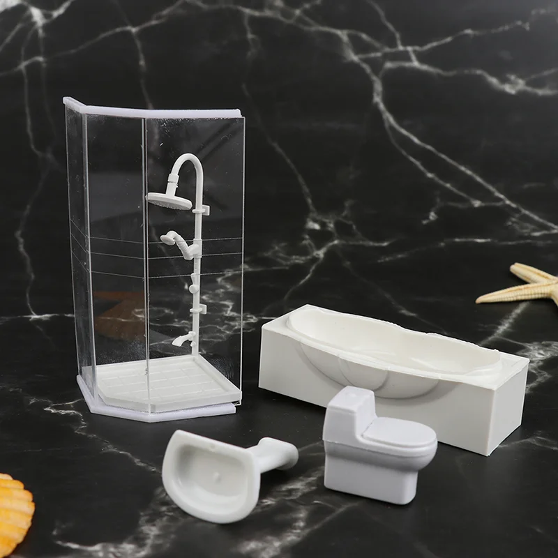 Dollhouse Miniature Bathroom Set Shower Room Toilet Bathtub Sink Model Toy Micro Bathroom Accessories