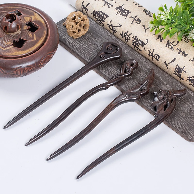 Natural Black Sandal Wood Hairpins 3D Carved Veins Wooden Pins Retro Hairstyle Tools For Women DIY Hair Ornaments Accessories