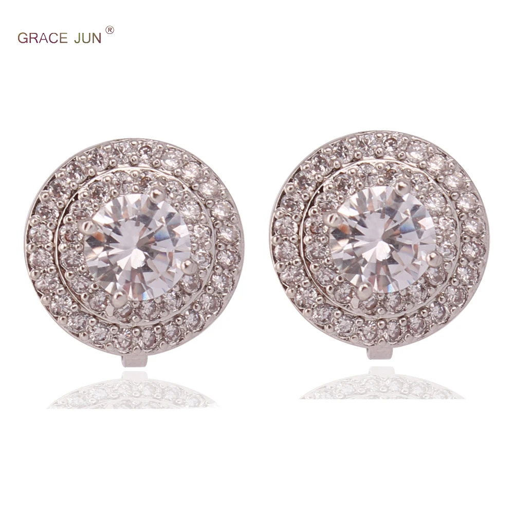 GRACE JUN Circle Geometric Clip on Earrings No Pierced Luxury Fashion Bride Wedding Cubic Zircon  No Hole Earrings New Arrival