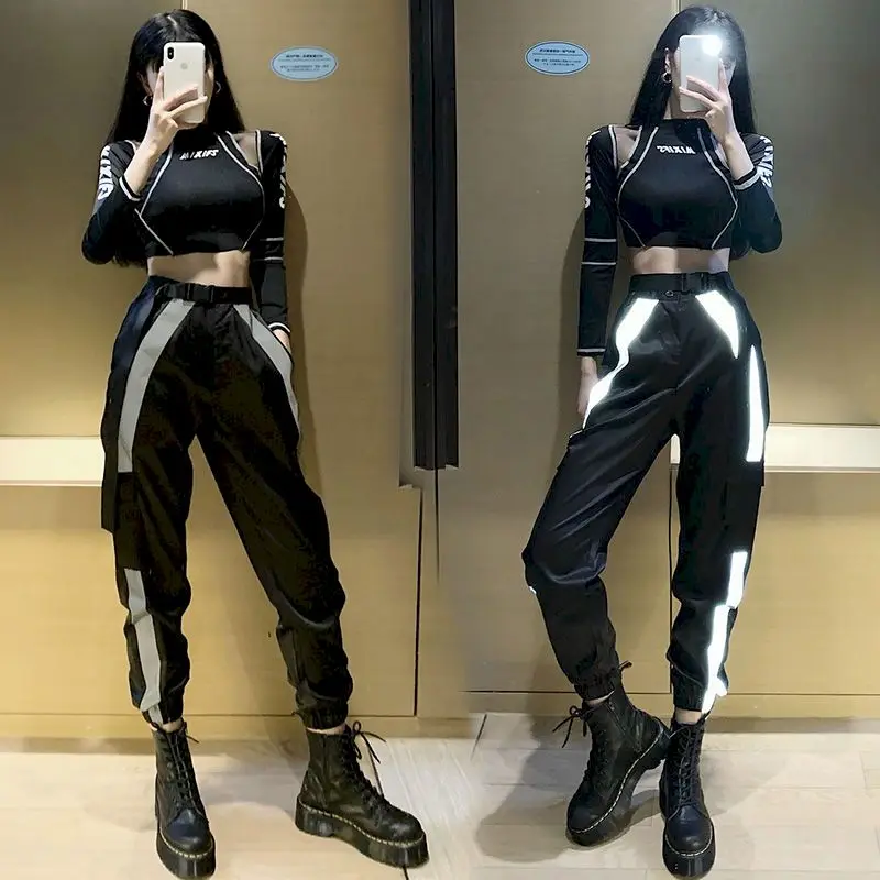 2024 New Bungee Women's Dark Suits Cool Girl Fashion Wear Suit Jazz Cool Style Handsome Hip-hop Dancing Clothes Women Sweatpants