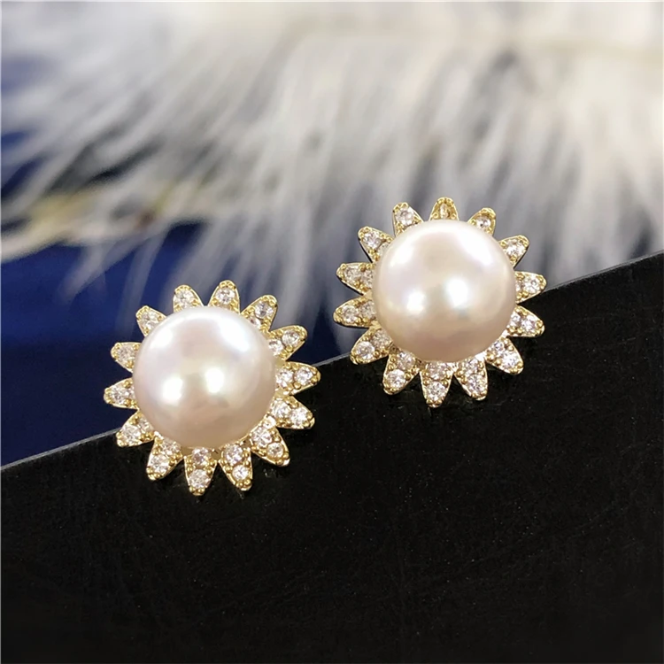 Wholesale Gold Plated Flower Stud Earrings Mountings Findings Jewelry Settings Parts for Pearls Beads Stones, 10pairs/lot