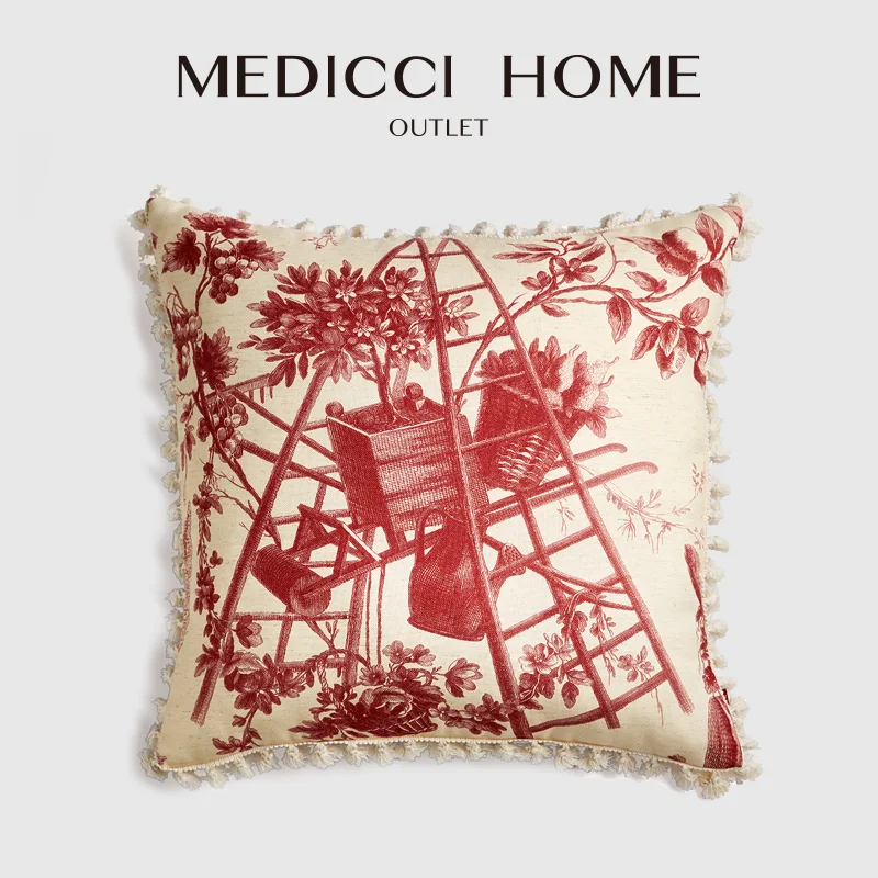 Medicci Home Toile De Jouy Style Cushion Covers Retro Warm Burgundy Flower Garden Print Shabby Chic Pillow Case Farmhouse Decor