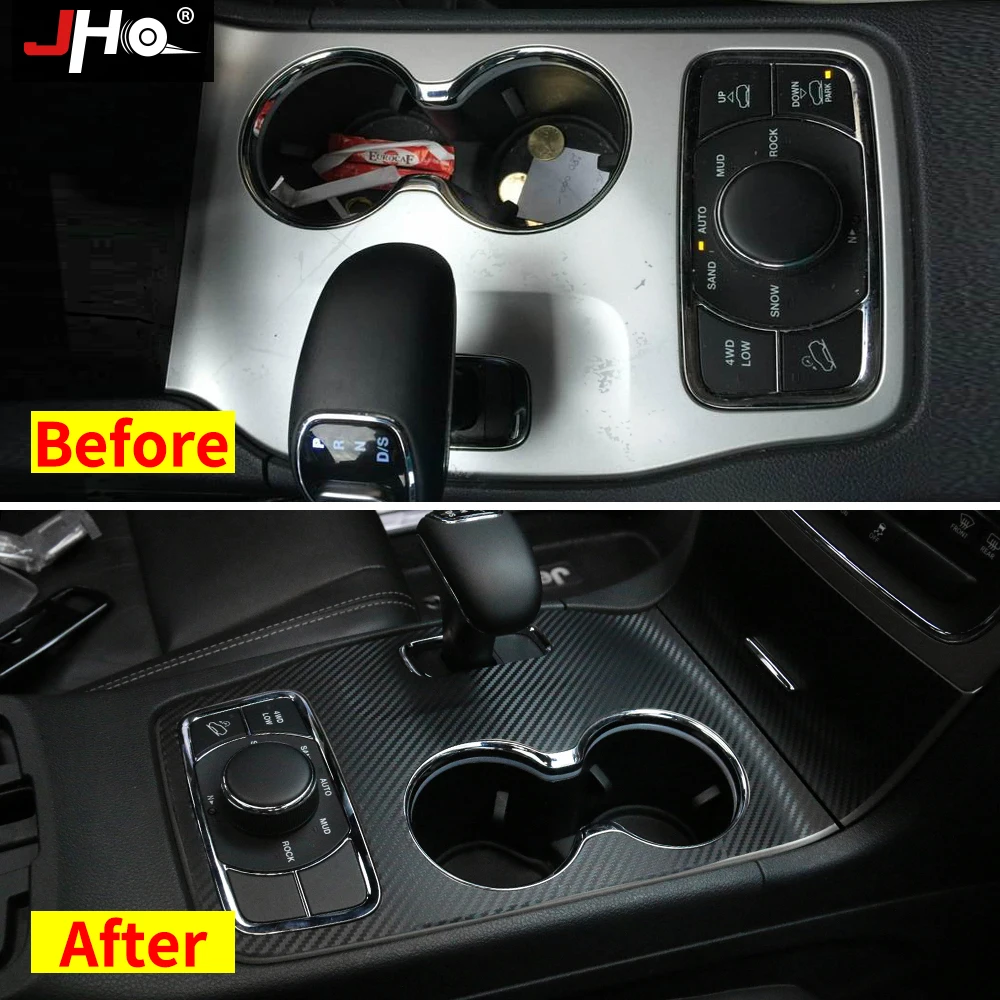 JHO Carbon Grain Sticker Gear Shift Water Cup Holder Panel Cover Stickers For Jeep Grand Cherokee 2014-2020 2019 17 18 2016 WK2