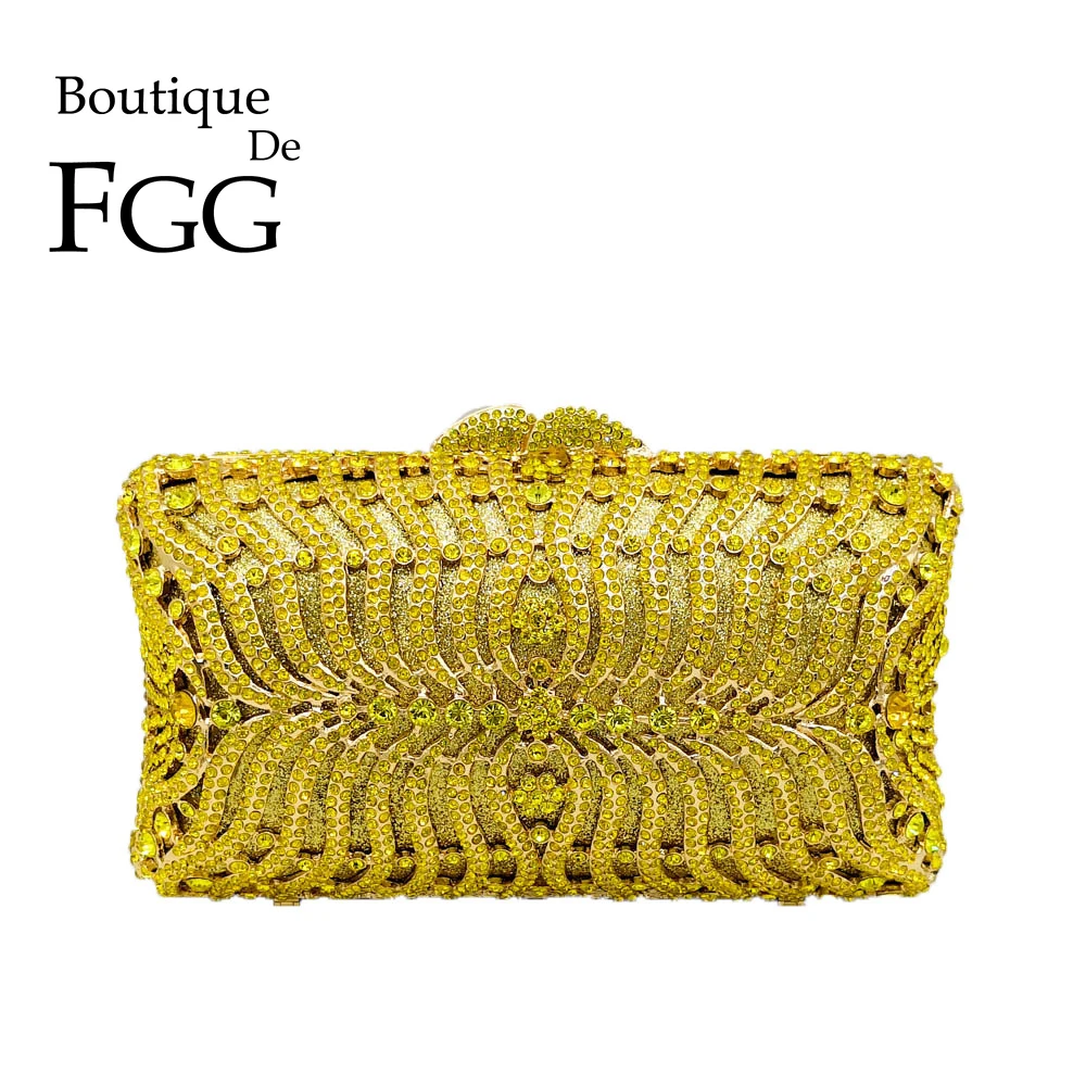 

Boutique De FGG Yellow Diamond Women Evening Minaudiere Bag Metal Crystal Clutches Wedding Handbags Bridal Party Cocktail Bag