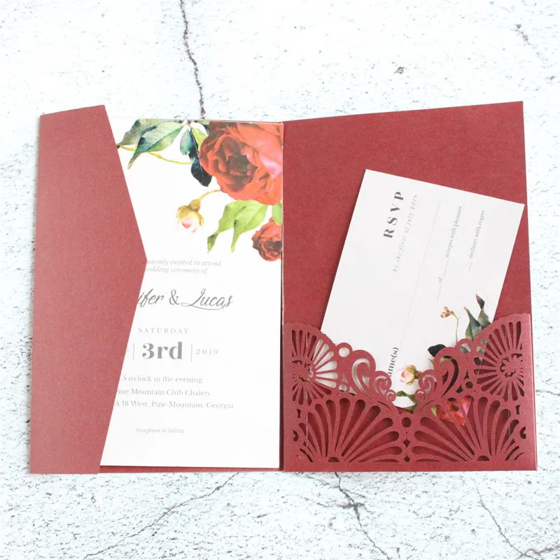 Rural soft pink invitation pocket pearl paper tri-fold laser cutting 20 pcs