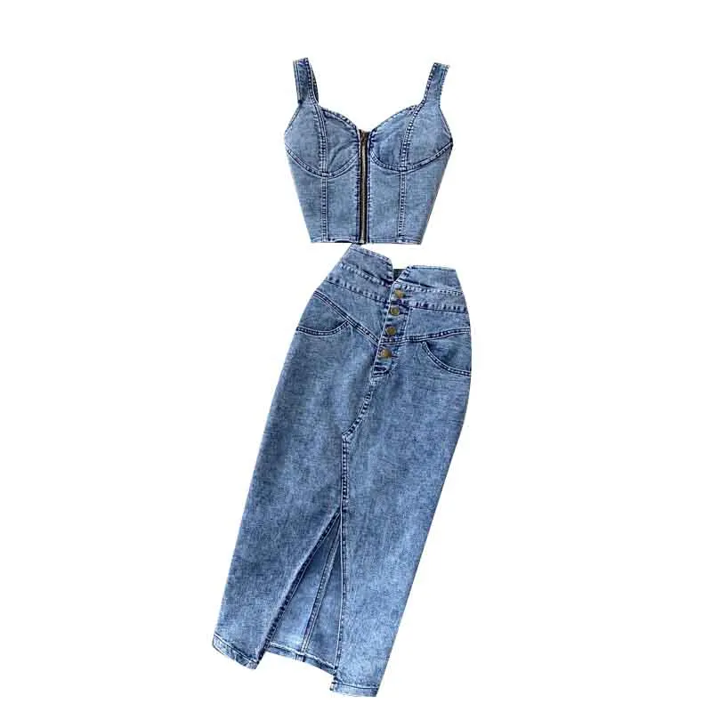 Amolapha Women Jeans Tank Vest+Skirts Sets Woman Girls Slim Denim Straps Tops Buttons Maxi Skirt Suits