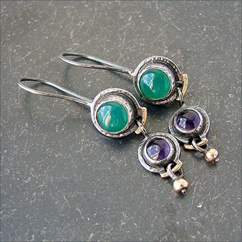 Lovely Small Round Green Purple Stone Drop Earrings for Women Boho Tribal Brincos Black Gold Metal Dainty Dangle Earring Jewelry