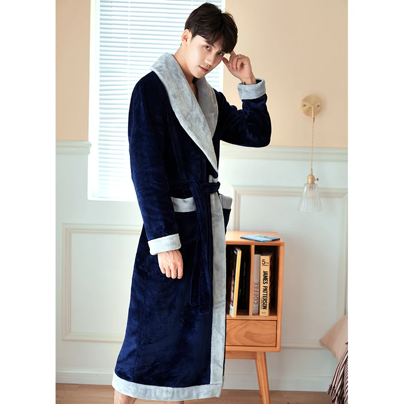 Winter Solid Men\'s Bathrobe Terry Female Casual Kimono House Blanket Gown Long Robes Thick Warm Sleepwear Nightgown Male L-3Xl