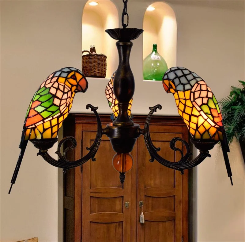 Led e27 Tiffany Parrot Designer Suspension Luminaire Pendant Lights Stained Glass Bird Pendant Lamp For Dinning Room Foyer Home