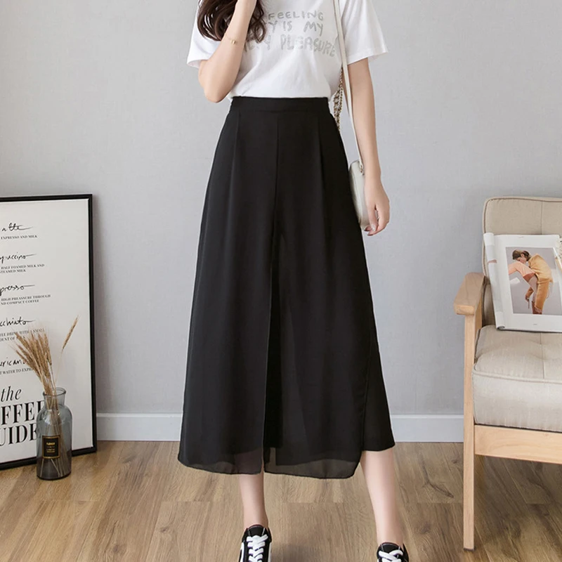 New Summer Chiffon False Two Wide Leg Pants Loose Plus Size Nine Pants Fashionable Casua Women Culotte Girls Fashionable Pants