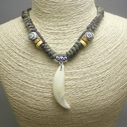 Man Choker Wolf tooth Necklace Green&Coffee rope Real Teeth pendant Fashion Jewelry