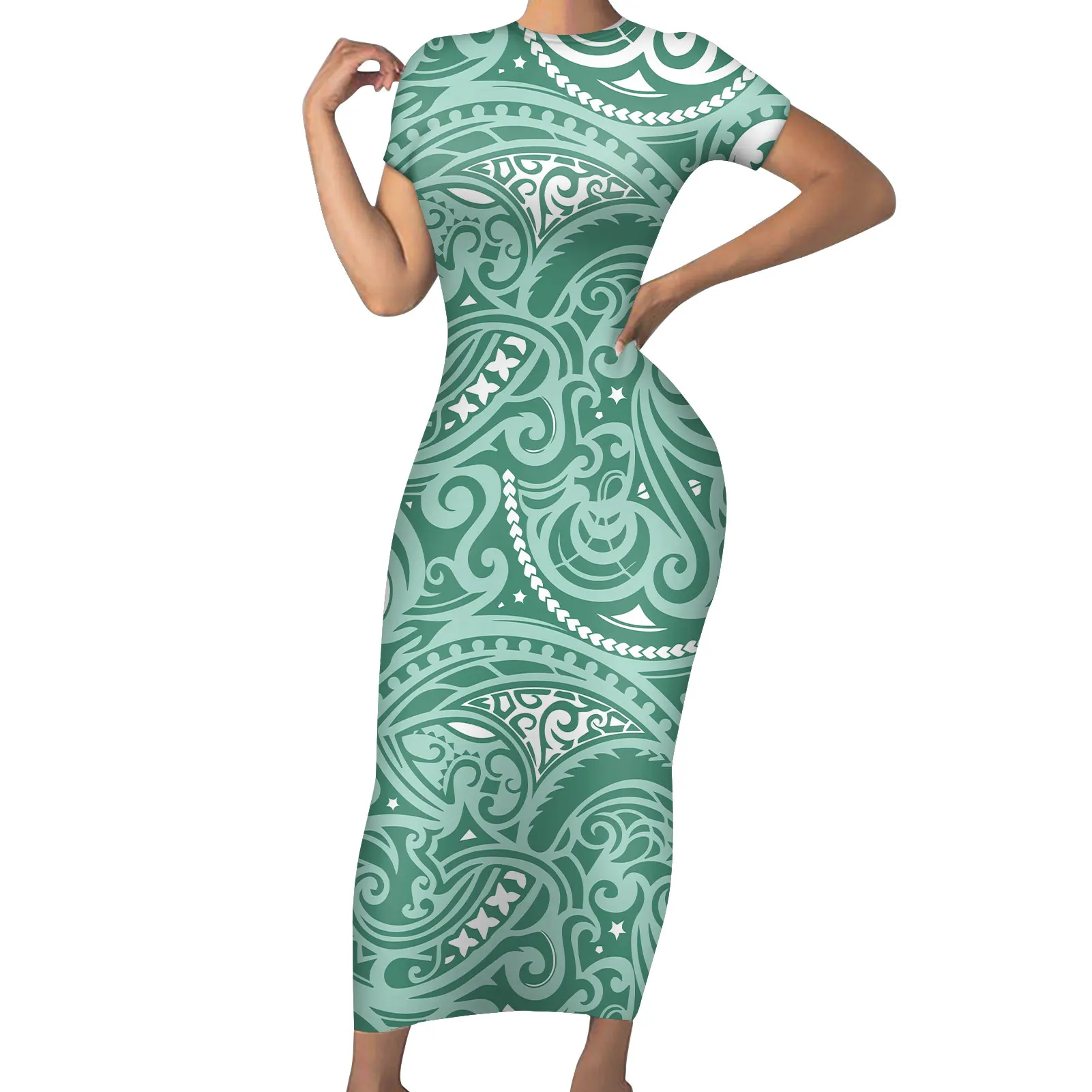 

Polynesian Samoan Tribes Dress Sexy Fashion Short Sleeve Round Collar Plus Size Long Skirt Summer Party Feasts Clothing