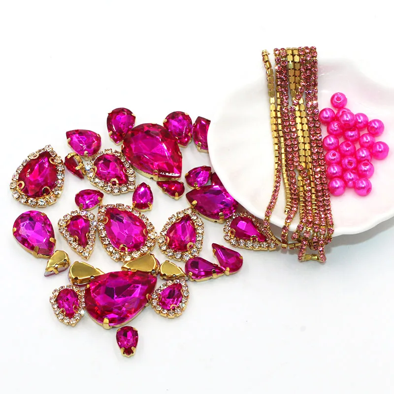 Wedding Decoration gold base Rose red Mix size Glass Crystal Stones Pearl Beads Cup Chain Rim Rhinestones Sew On Clothing/Dress