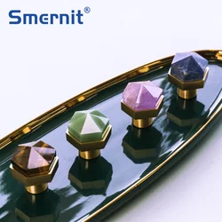 Natural Crystal + Brass Door Knobs and Handles for Cabinet Hexagonal Kitchen Cupboard Furniture Handles Copper Drawer Pulls
