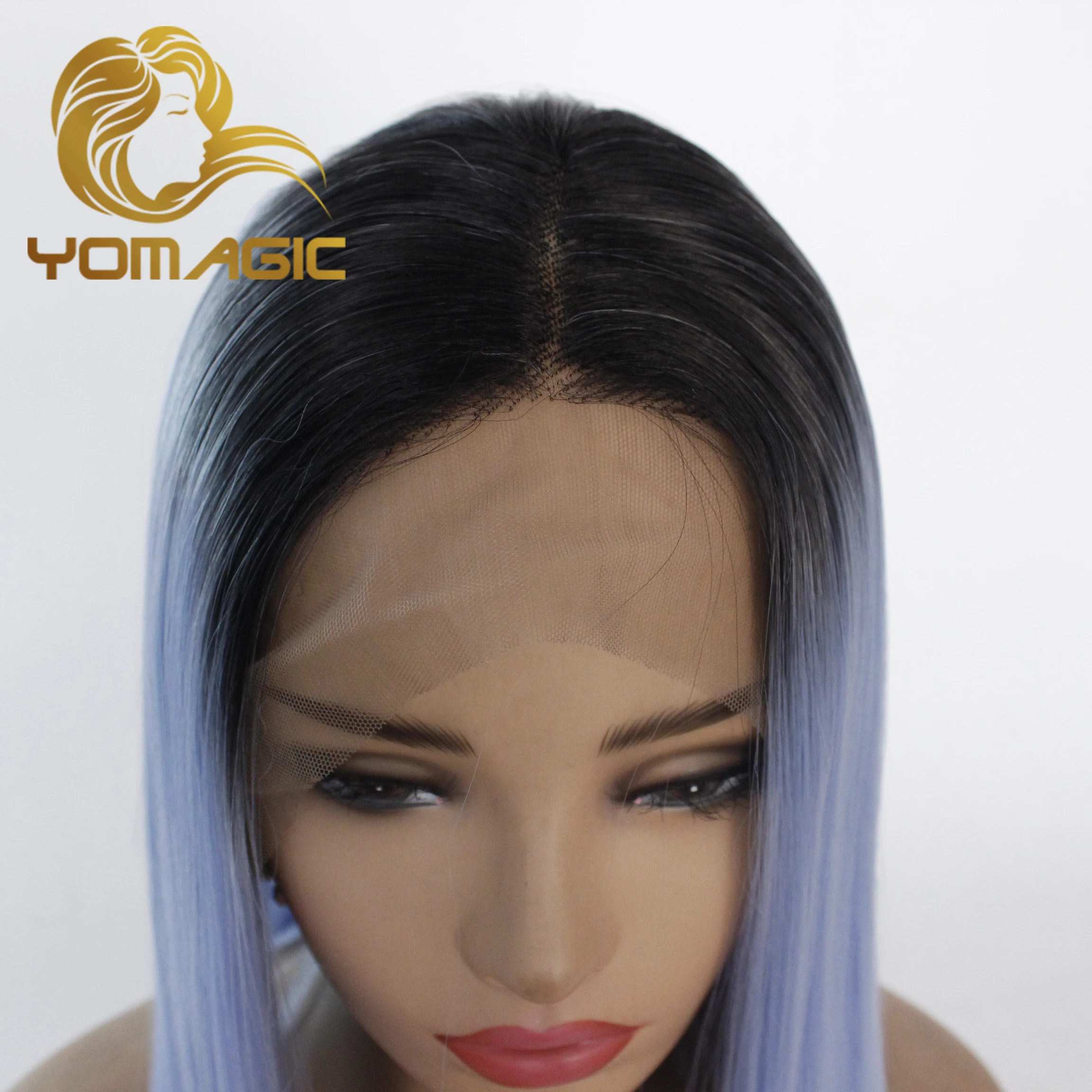 Yomagic Ombre Blue Synthetic 13X3 Lace Front Wigs With Baby Hair Short Bob Heat Resistant Lace Wigs For Women Pre Plucked