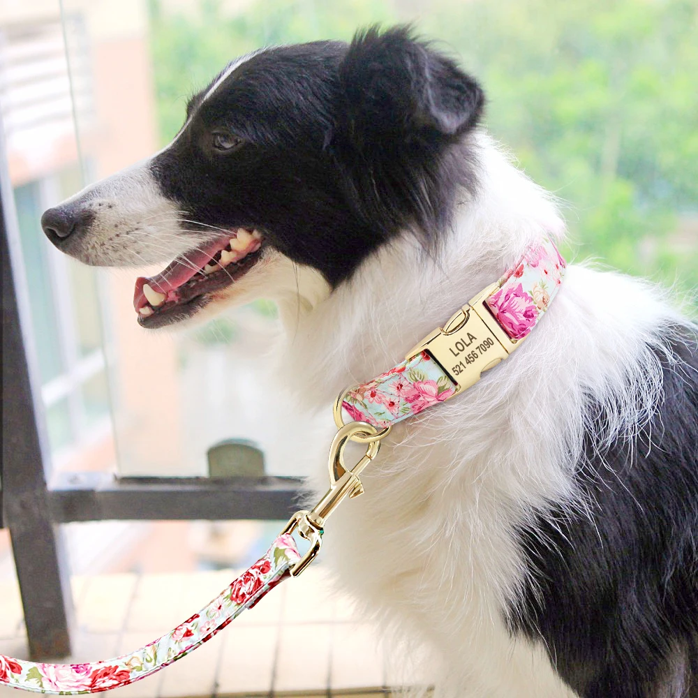 Personalized Floral Dog Collar and Leash Set Custom Small Medium Large Dog Pet ID Collar Lead Flower Print Dog Engraved Collars