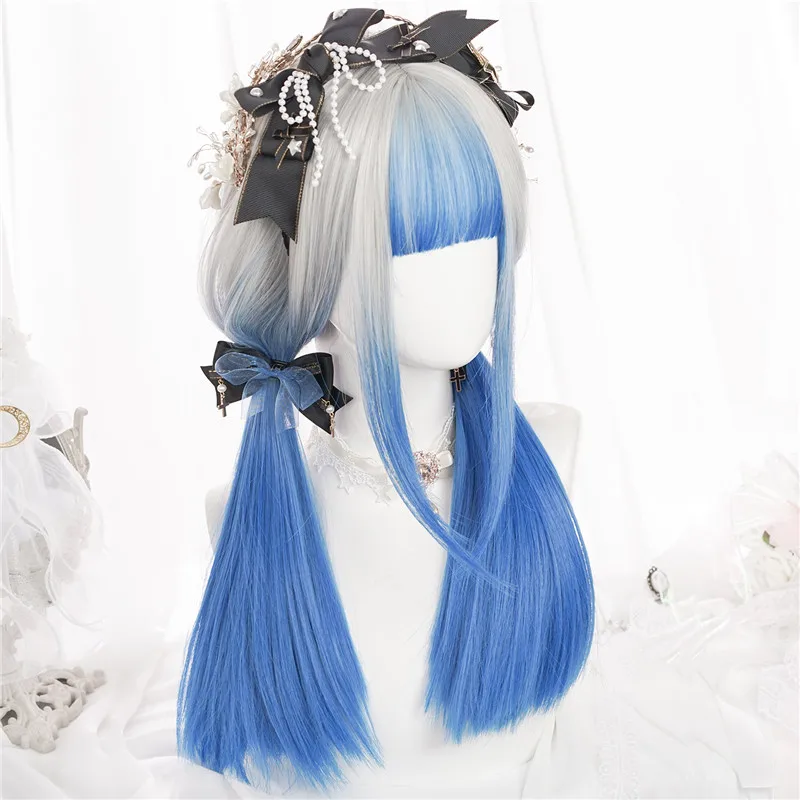 Lolita Grey Ombre Blue Wig Synthetic Long Straight Women Fluffy Wig Heat Resistant for Daily Party Cosplay