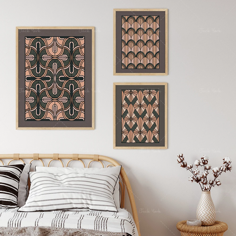 Art Deco Printable Artwork, Art Deco 3 Piece Wall Art, Art Deco Pattern Art Print, Boho Pink and Gray Art, Vintage Gallery Wall