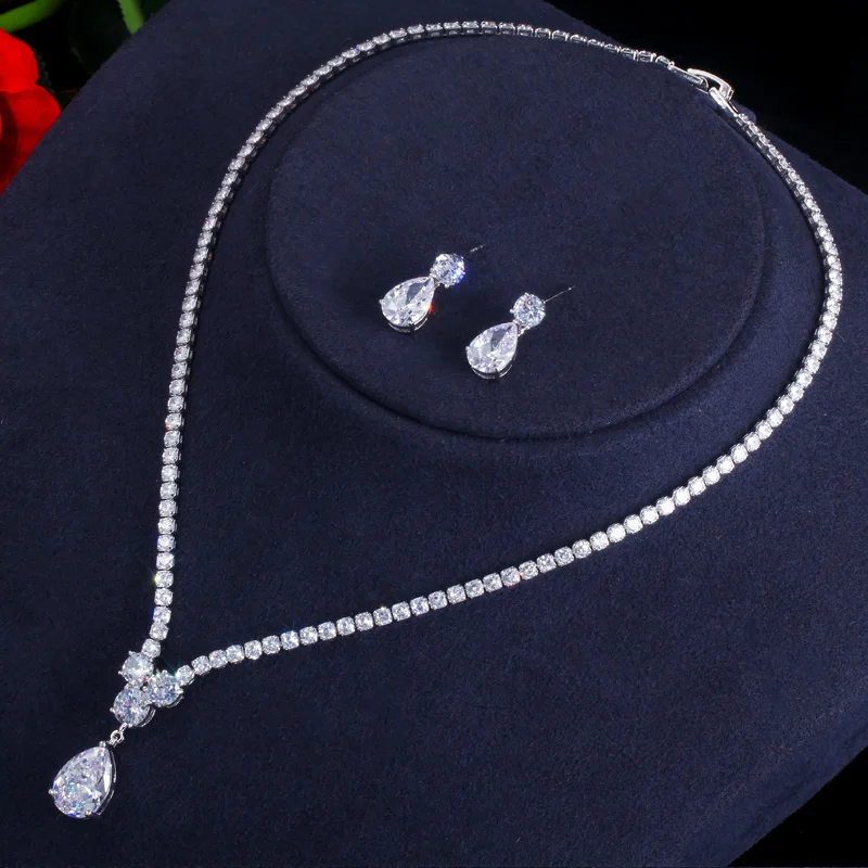 CWWZircons Modische Cubic Zirconia Wassertropfen-Anhänger Halskette und Ohrringe Brautschmuck-Sets für Bräute Party T397 – Detail 7