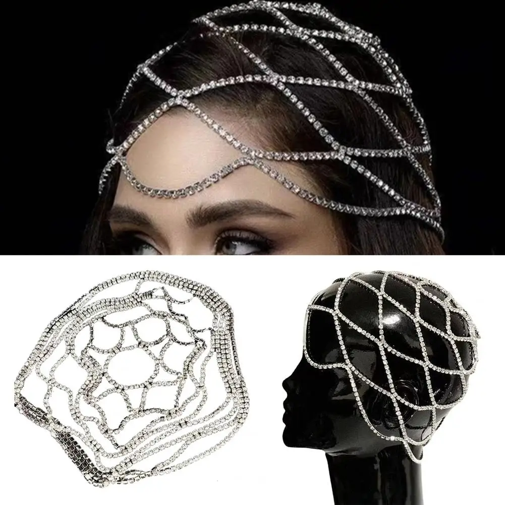 2021 Hollow Rhinestone Mesh Headpiece Wedding Head Chain Jewelry for Women Luxury Crystal Headband Head Cap Hat Hair Accessories