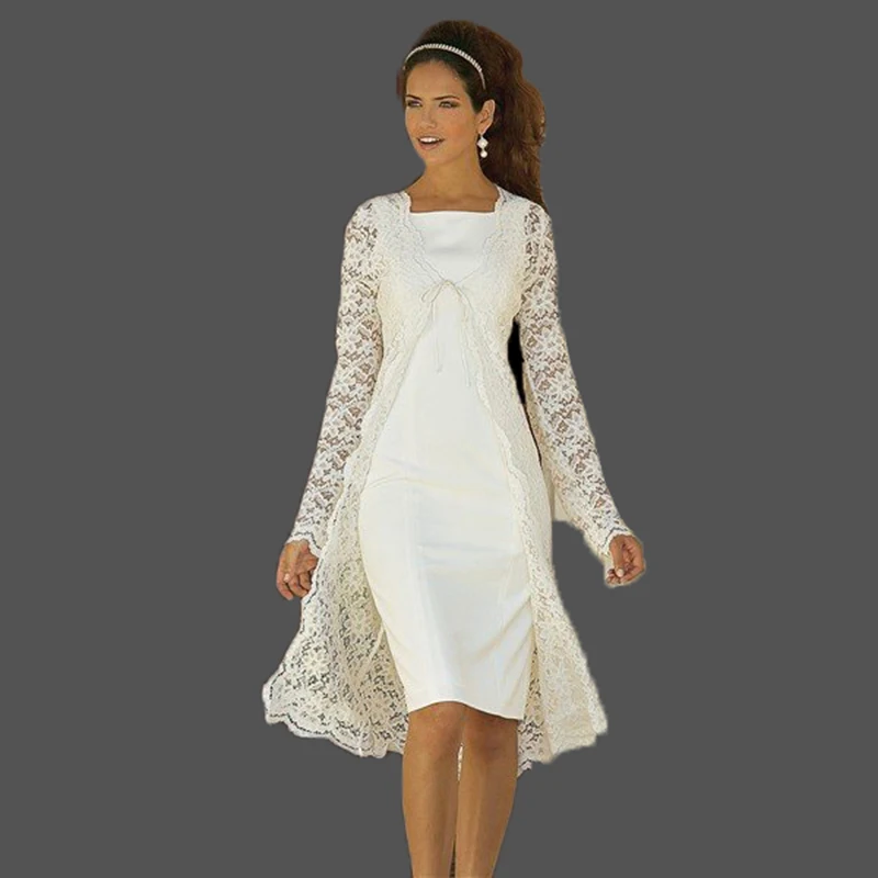 Holy Two Pieces Lace Mother of The Bride Dresses Long Sleeves Mothers  with Jacket Wedding Party Gowns Knee Length