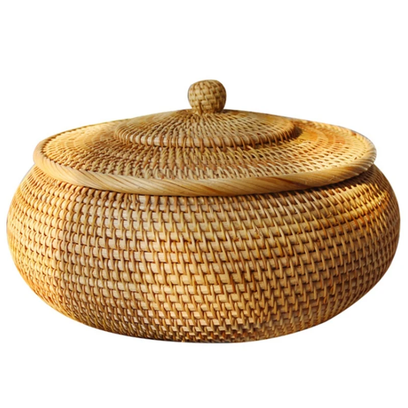 

Round Rattan Box,Wicker Fruit Basket with Lid Bread Basket Tray Storage Basket Willow Woven Basket for Bread, Snack