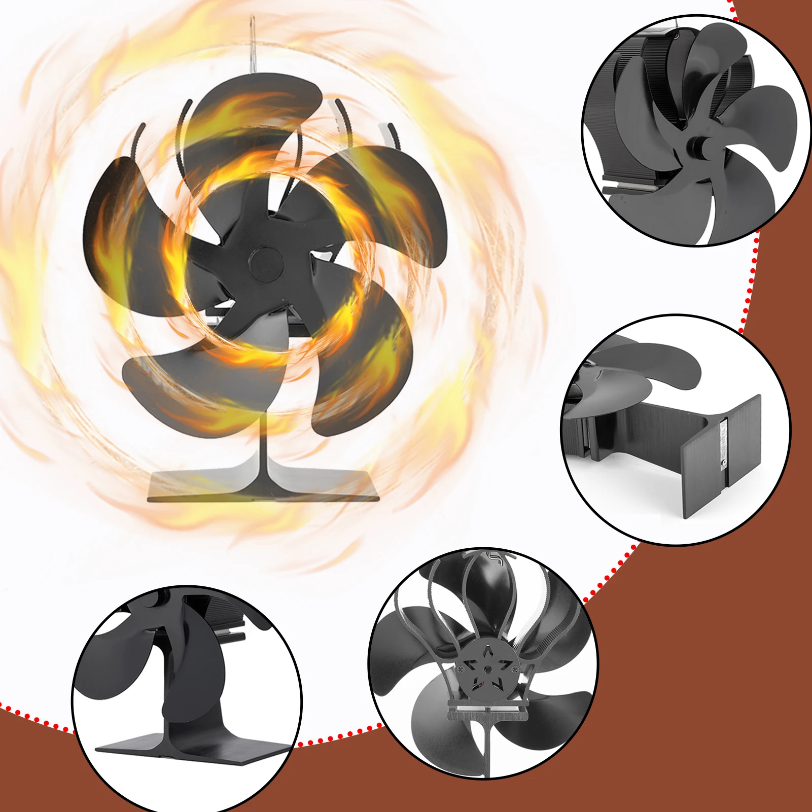 5 Blades Fireplace Fans Quiet Self-powered Stove Fans Without Electricity Upgrade Overheat Protection Burner Fan Fit For Log Sto