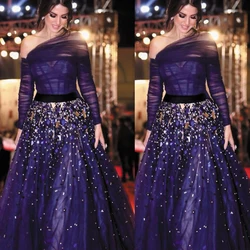 SuperKimJo Royal Blue Beaded Prom Dresses Long One Shoulder Crystals Elegant Arabic Prom Gown Vestidos De Fiesta