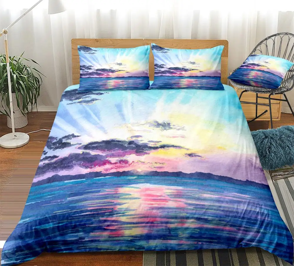 

Watercolor Bedding Set Sunrise Quilt Cover Sunset on the Sea Duvet Cover Set Colorful Landscape Home Textiles 3pcs King Dropship