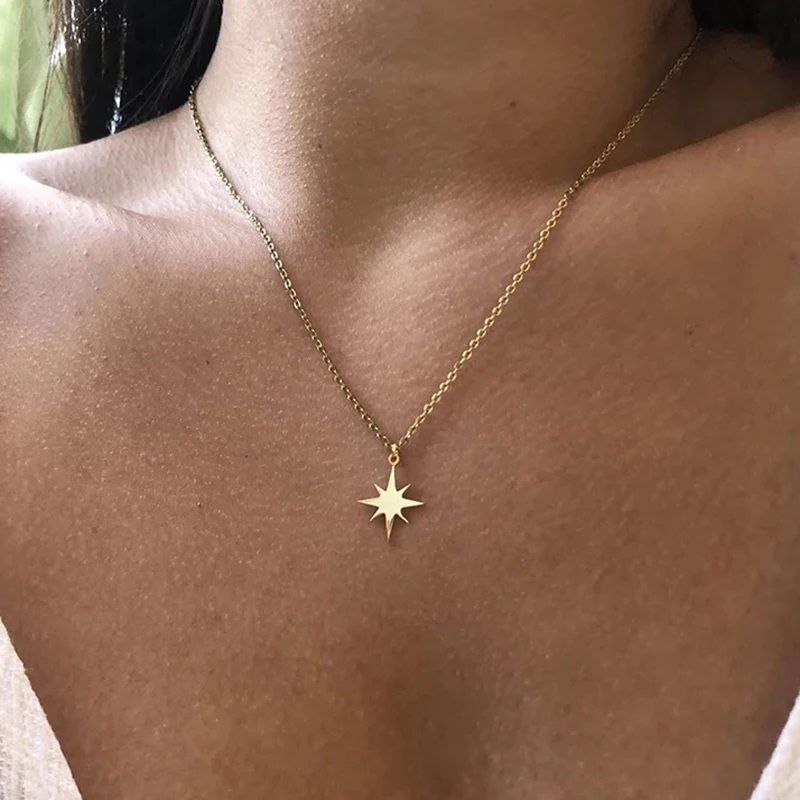 New Design Stainless Steel Star Sun Eye Pendant Necklaces For Women Trendy Gold Color Coin Clavicle Necklace Wedding Jewelry