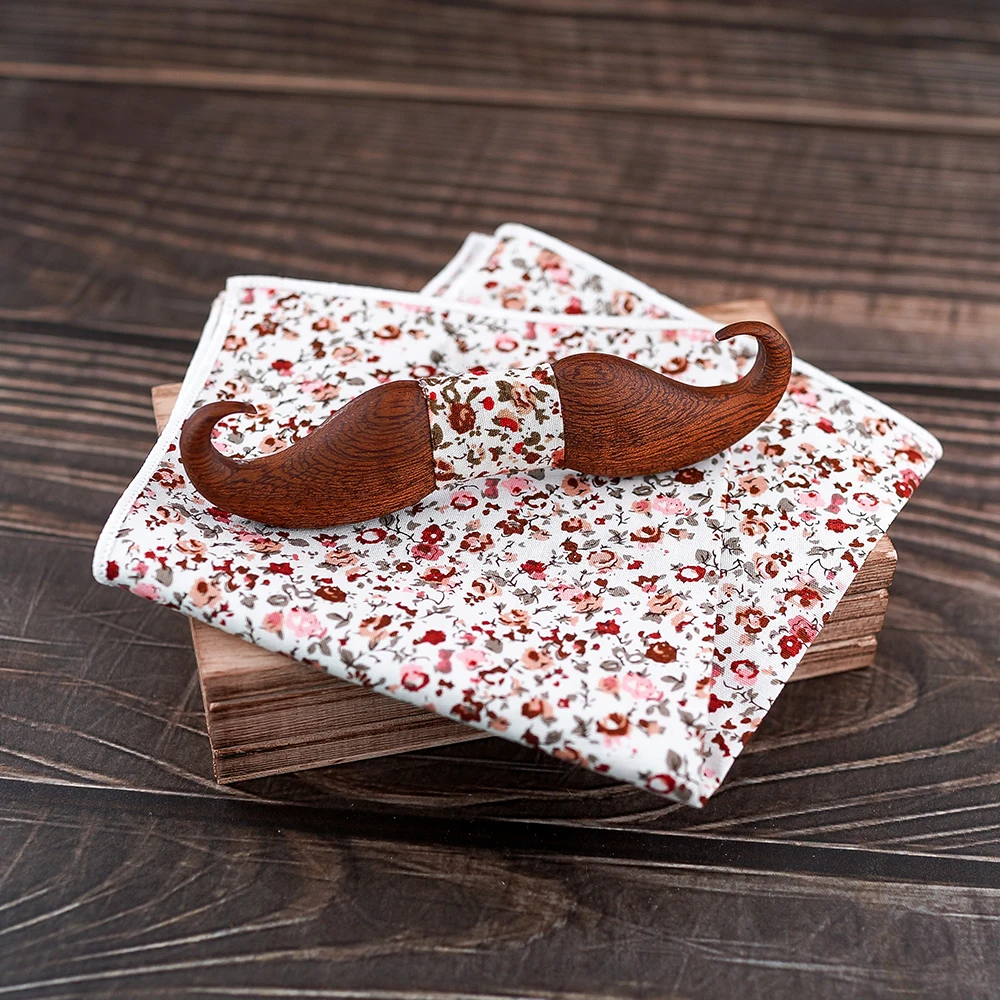 Mahoosive-pajarita de madera con diseño de bigote 3D para hombre, conjunto de pajarita cuadrada de bolsillo con patrón de flores Foral, regalo