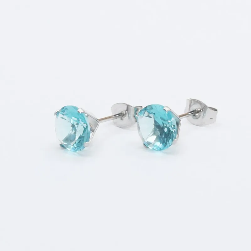 Size 3mm to 8mm 316L Stainless Steel Lake Blue Color Round Zircon Stud Earrings  No Fade Allergy Free Brief Jewelry
