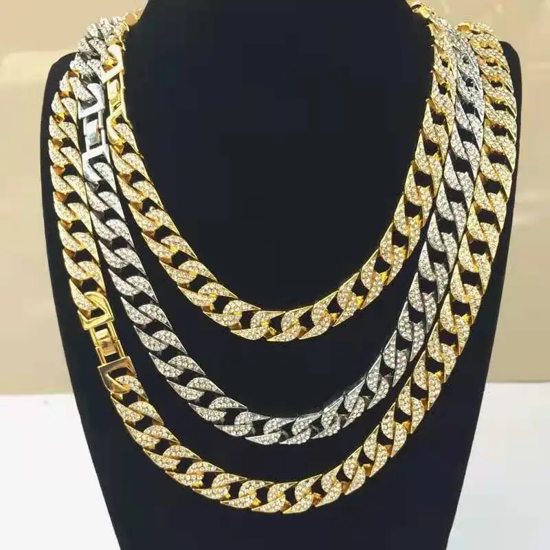 Full Iced Out Rhinestone 15MM Big Gold Chain Miami Cuban Link Bling Rapper Necklace for Men HipHop Jewelry Wholesale Bulk