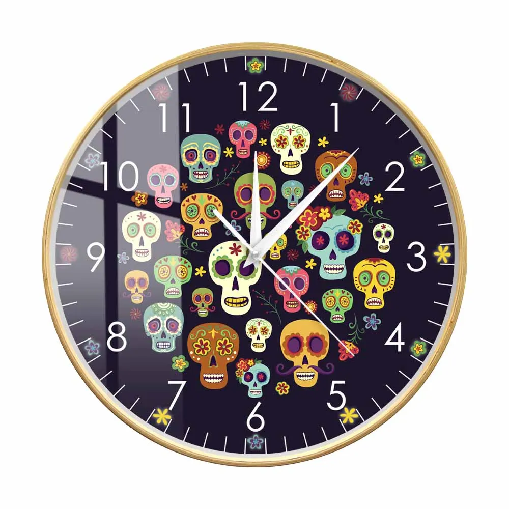 Die de Muertos Sugar Skull Colorful Printed Wall Clock Mexican Day Of The Dead Home Decor Floral Skull Head Wooden Frame Clock