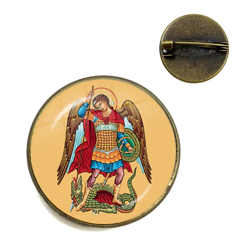 Glass Cabochon Brooch Archangel St.Michael Protect Me Saint Shield Protection Charm Russian Orhodox Collar Pins For Holy Gift