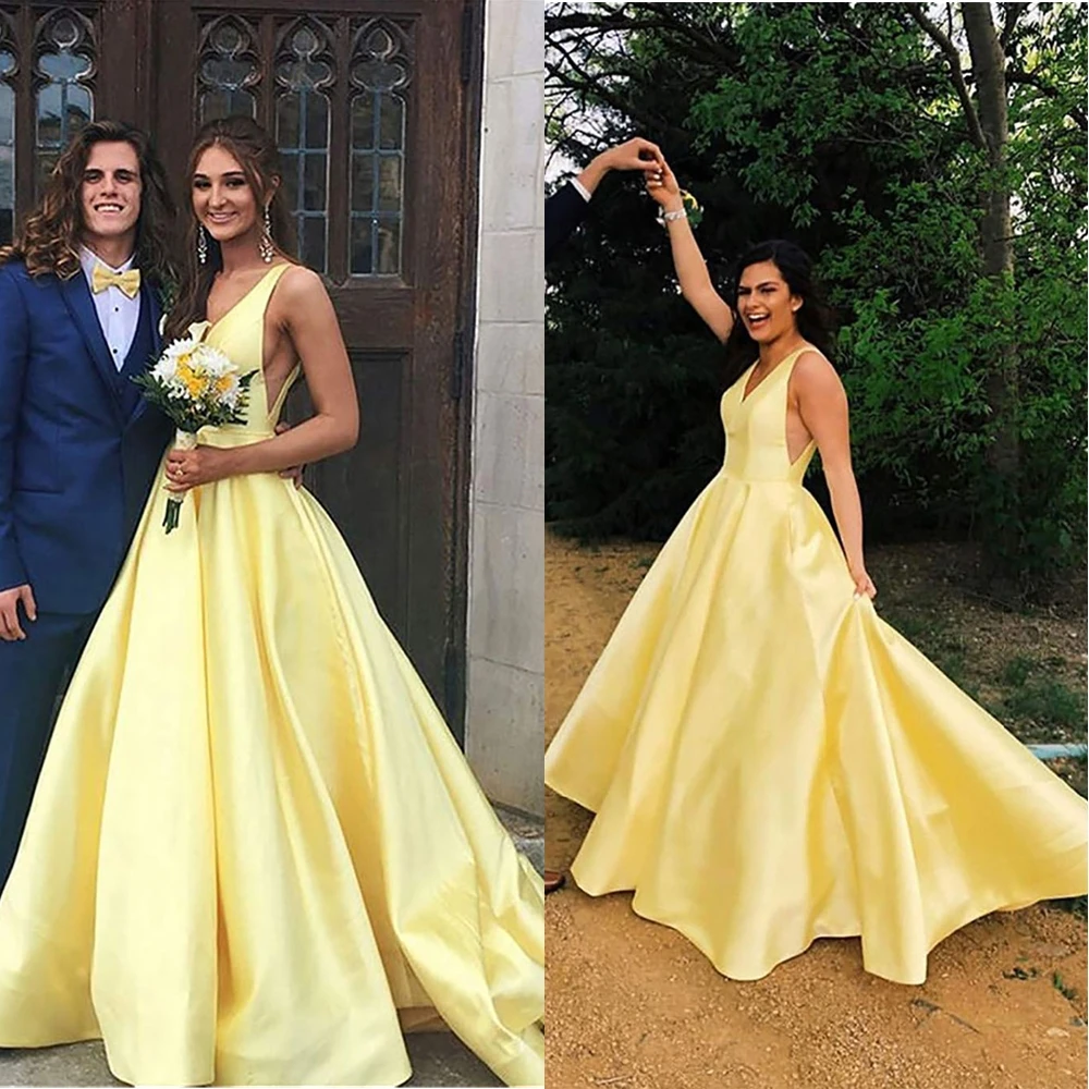 

A Line Evening Dress Yellow Lace up New Ball Gown Custom Backless Formal Dresses V-Neck Sleeveless Natural Prom Party Gown