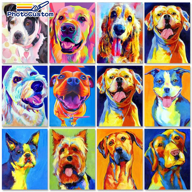 

PhotoCustom 60x75cm Paint By Numbers Colourful Dogs DIY Oil Painting By Numbers On Canvas Frameless Number Painting Home Decor