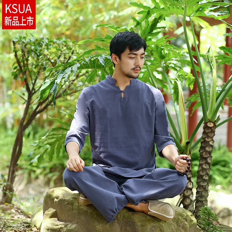 Spring Men Yoga Set Linen Loose Wide Leg Yoga Pant Yoga Shirts Male Martial Arts Tai Chi Uniform Meditation Yoga Suit Casual Set