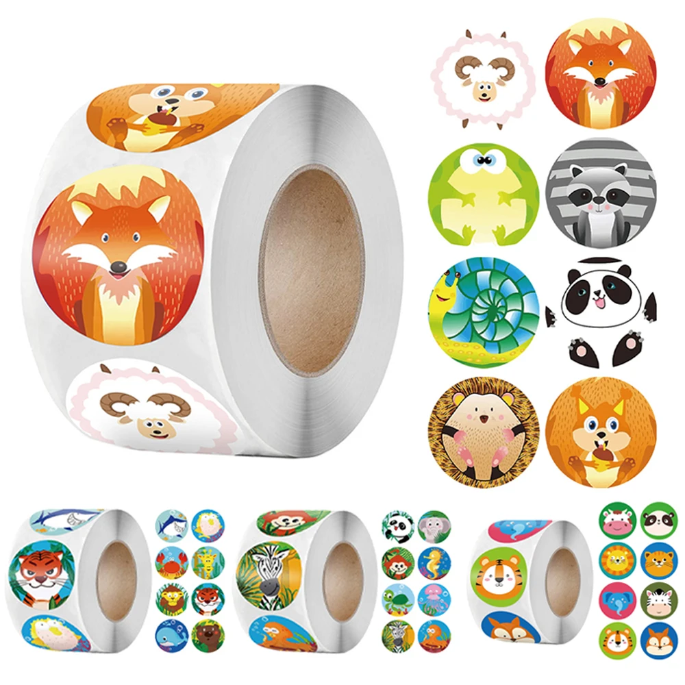Autocollants ronds d'animaux de dessin animé 1 pouce, étiquette de récompense pour enfants, papeterie décorative fournitures scolaires pour enseignants, 100 à 500 pièces
