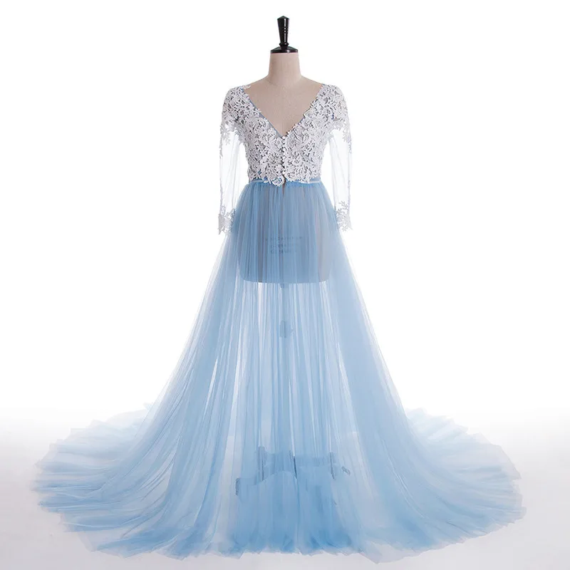 Dentelle formelle enceinte Photo robes manches longues Tulle bleu Royal bal robes de soirée grande taille 2021 robe de soirée tenue de fête