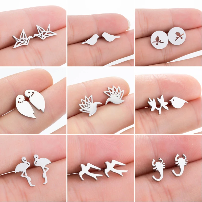 SMJEL Small Stainless Steel Bird Earring Women Jewelry Cute Crane Flamingo Hummingbird Stud Earrings Animal Accessories